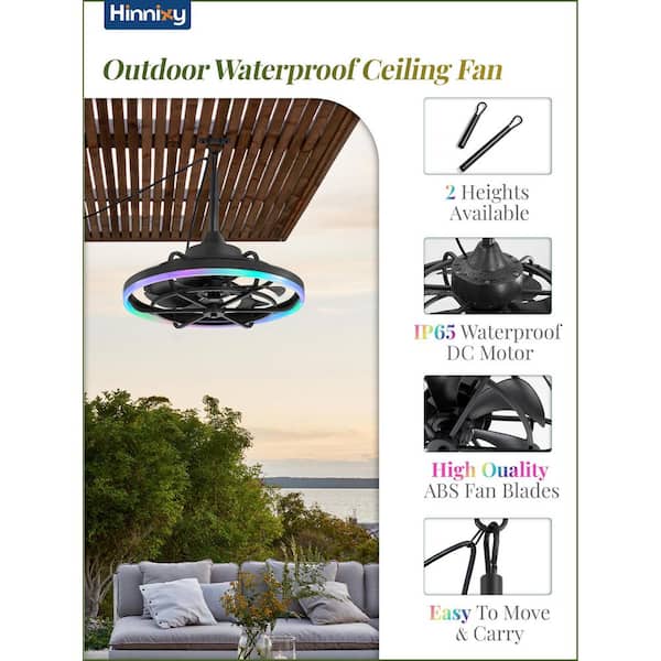 20 in. Outdoor RGB Waterproof Black Dimmable Plug in Downrod Mount Ceiling Fans with Light, Remote&APP Control for Patio
