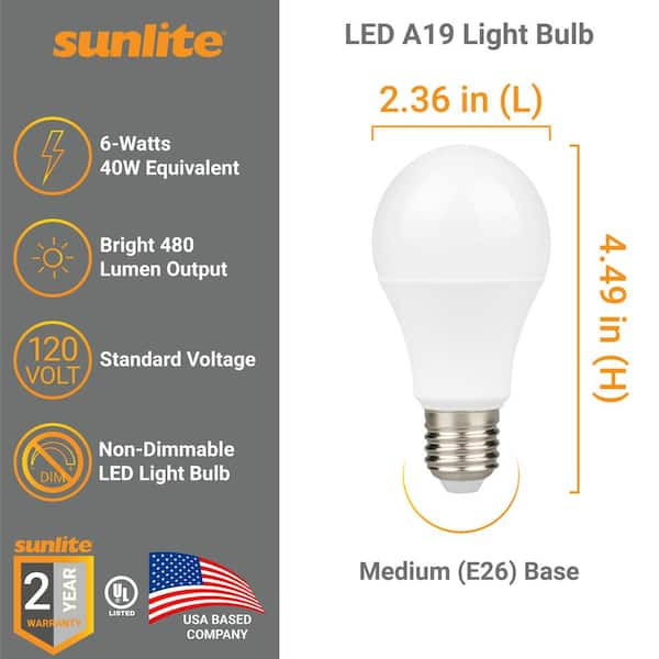 Sunlite 40 Watt Equivalent A19 Non Dimmable 480 Lumens 200 Beam