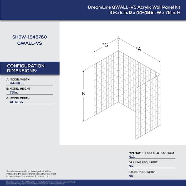 QWALL-VS 48 in. W x 76 in. H x 41.5 in. D 4-Piece Glue-Up Acrylic Alcove Shower Backwalls in White