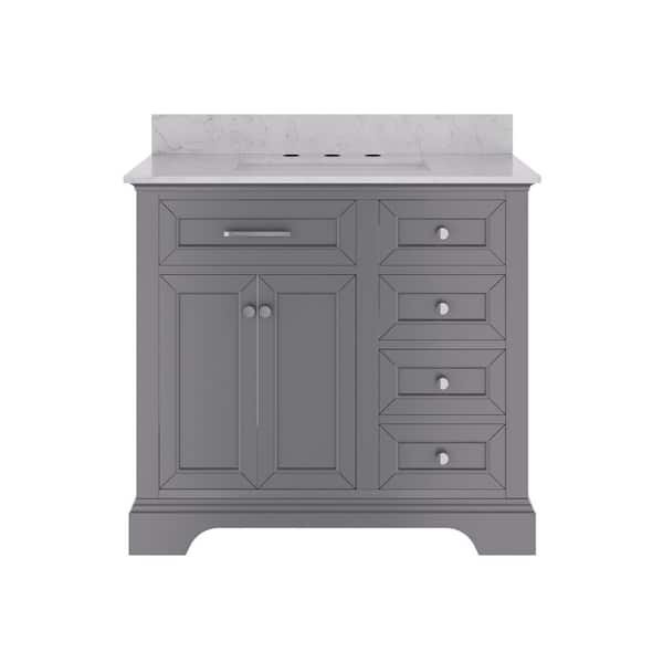 36 in. Single Sink Freestanding Light Gray Wood Bath Vanity with White Engineered Marble Top (Assembled)