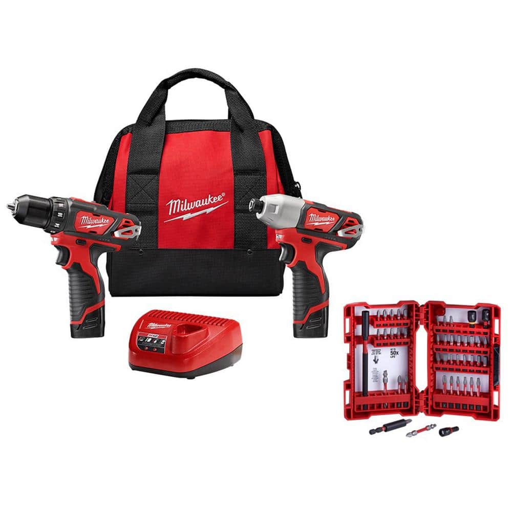 Milwaukee M12 12V Lithium-Ion Cordless Drill Driver/Impact Driver Combo Kit (2-Tool) with SHOCKWAVEDriver Bit Set (45-Piece)