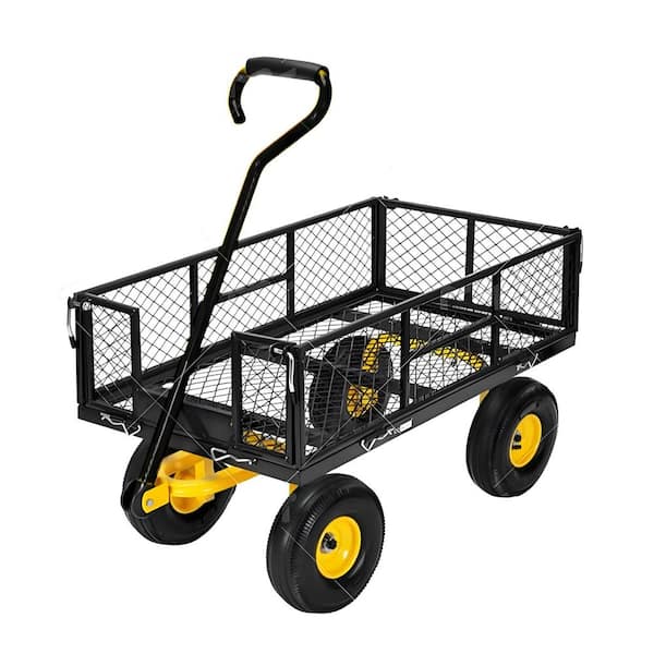 6 cu. ft. 500 lbs. Black & Yellow Steel Garden Cart with 10 in. Multi-Terrain Tires, Mesh Removable Sides, Swivel Handle