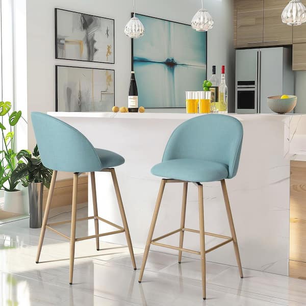 Homy Casa Haseeb 26 in. Modern Swivel Upholstered Counter Height Bar Stool with Curved Back, Pale Teal Fabric/Oak Legs, (Set of 2)