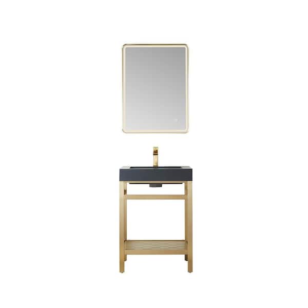 ROSWELL Ablitas 24 in. W x 20 in. D x 34 in. H Single Sink Bath Vanity in Brushed Gold with Black Composite Stone Top and Mirror
