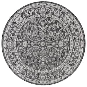 Palazzo Vine and Border Textured Weave Black/Gray 5 ft. Round Indoor/Outdoor Area Rug