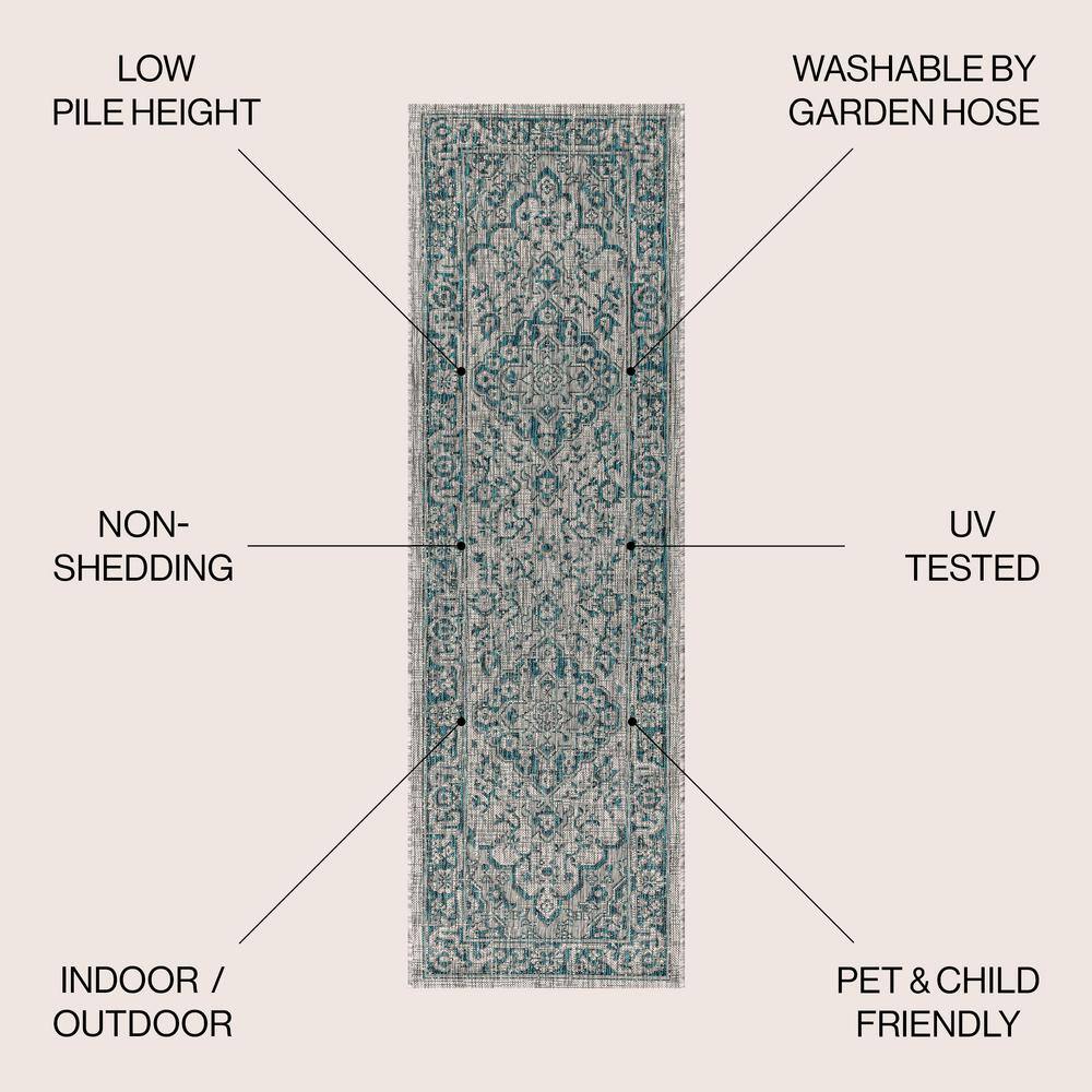 Rozetta Boho Medallion Gray/Teal 2' x 8' Synthetic Runner Rug