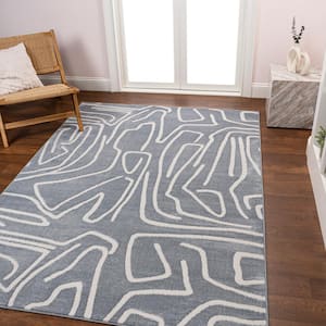 Alcina Modern Scandinavian Graphic Lines High-Low Blue/White 8 ft. x 10 ft. Area Rug