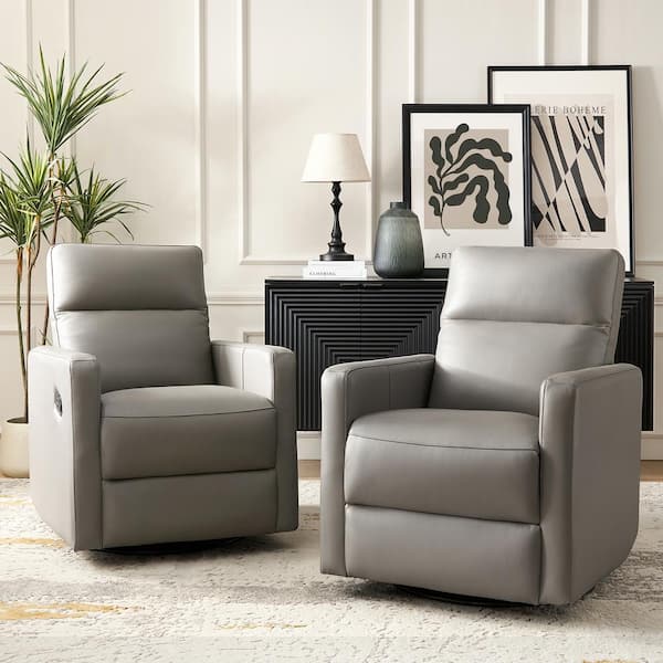 JAYDEN CREATION Benito Modern Genuine Leather Swivel Rocker Recliner with Adjustable Headrest Set of 2-Grey