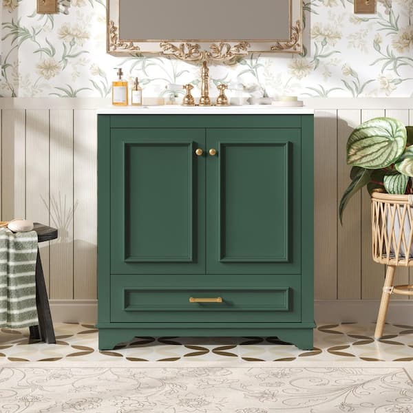 30.5 in. Single Sink Freestanding Green Bath Vanity with White Ceramic Top