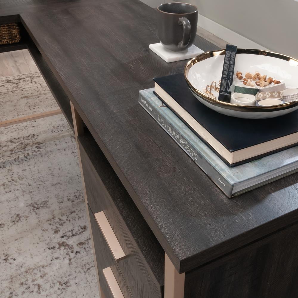 Blade Walnut L-Shaped Wood Corner Desk with Filing Cabinet