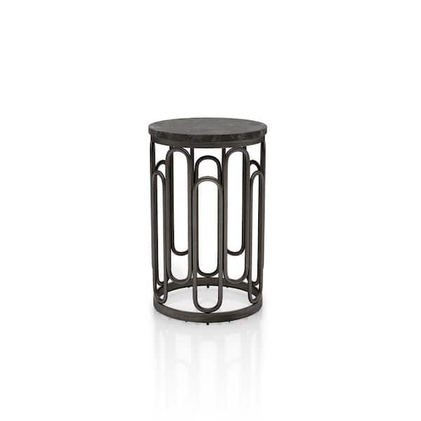 Furniture of America Farley 13.34 in. Black Round Stone Side Table With Metal Frame
