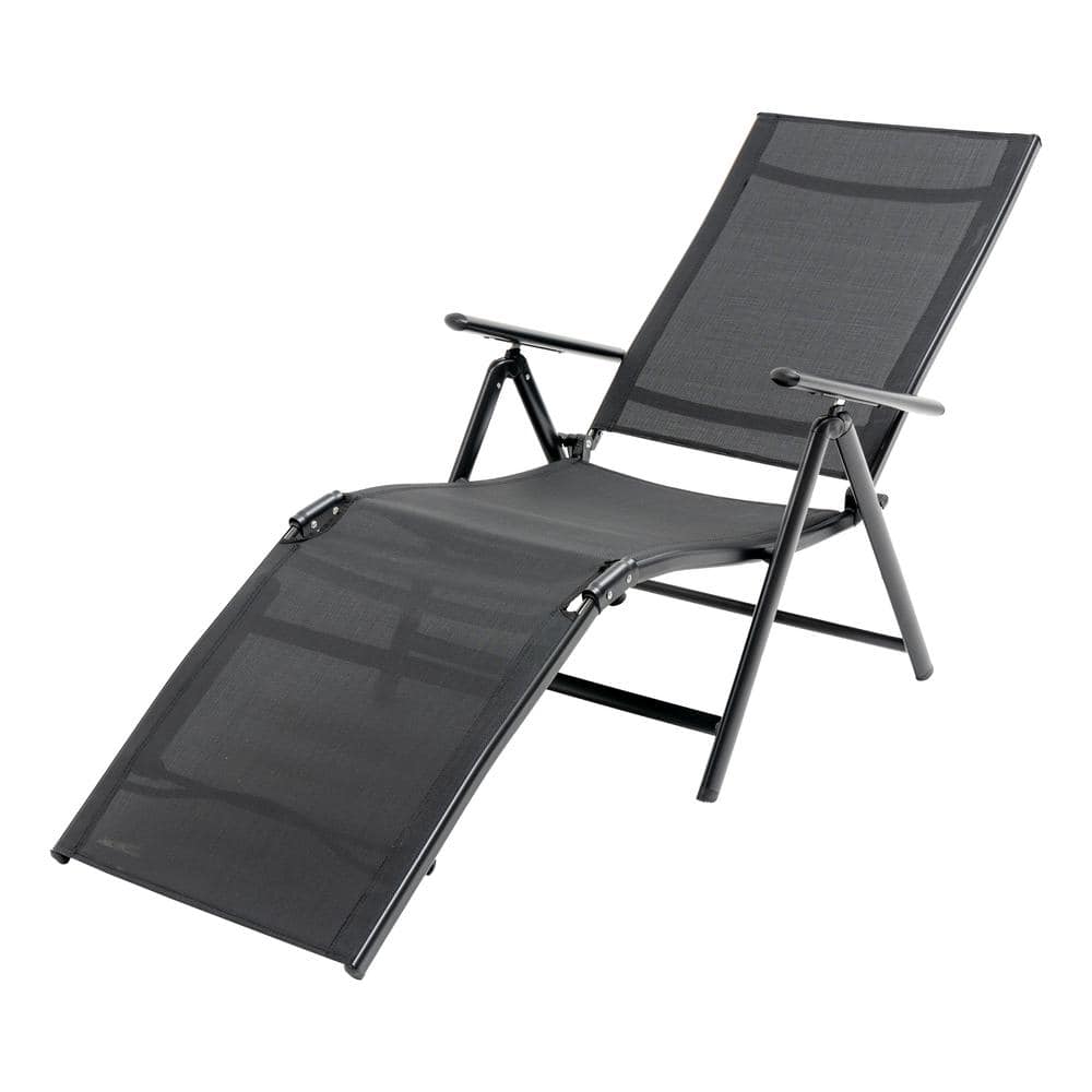 Black Metal Outdoor Chaise Lounge Folding Reclining Chair with Adjustable B