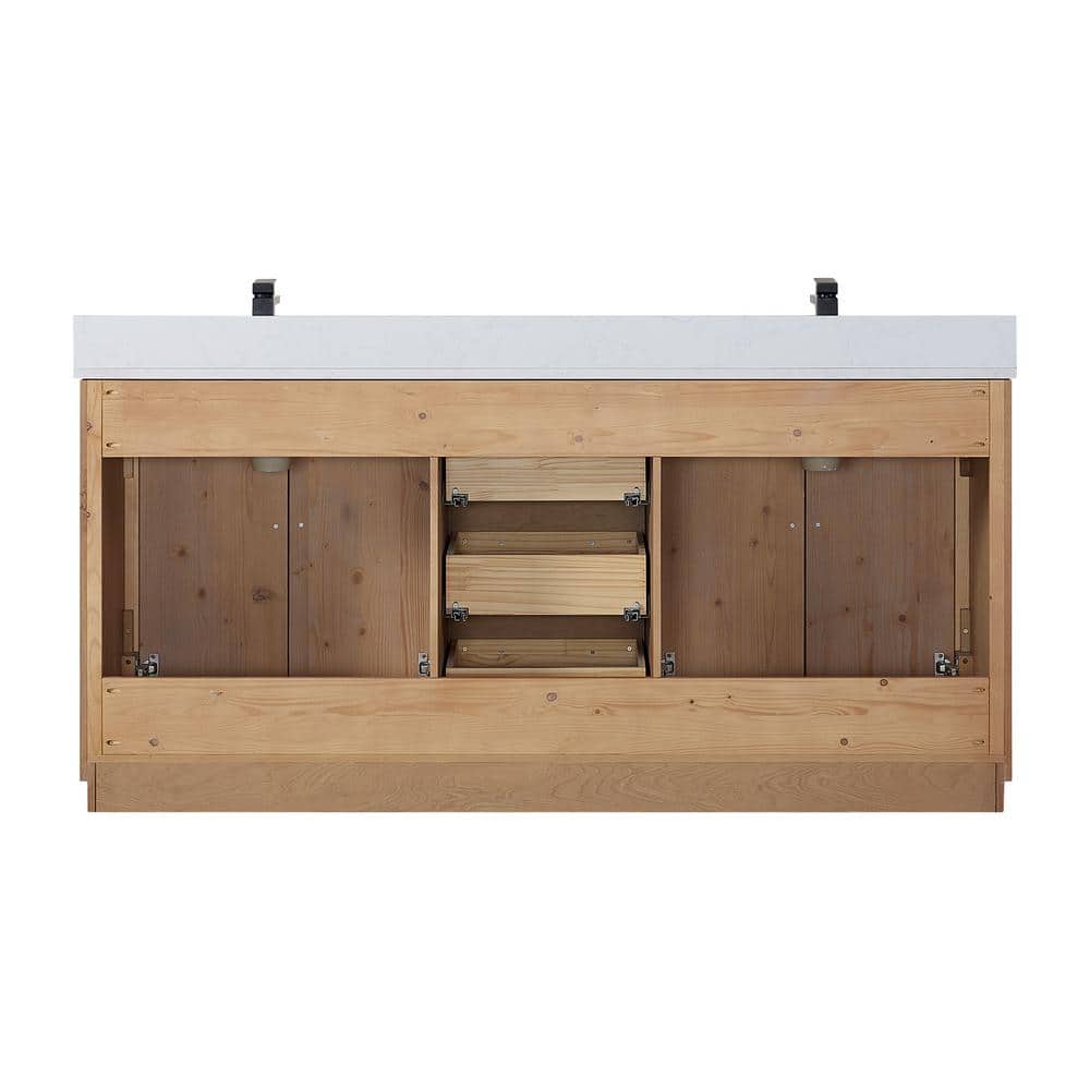 Cicero 72" Light Brown Fir Wood Bathroom Vanity with White Stone Countertop