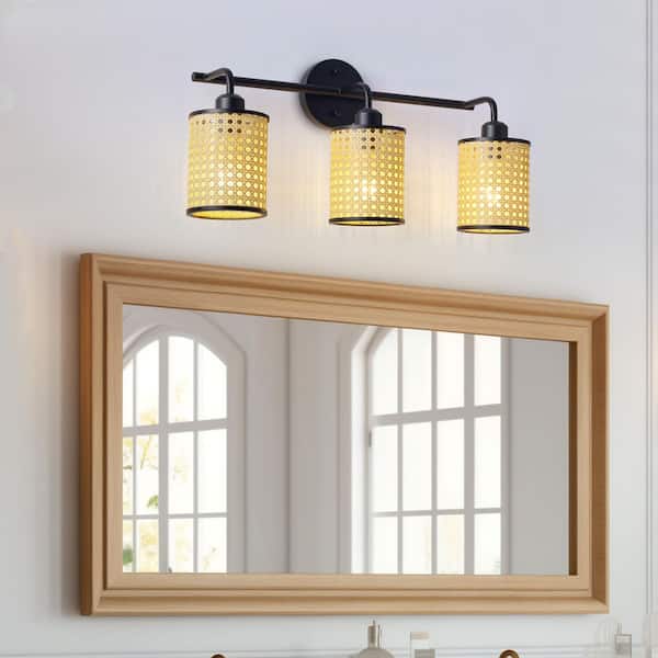 Farmhouse 23.62 in. 3-Light Bathroom Black Rattan Vanity Light Fixtures Over Mirror