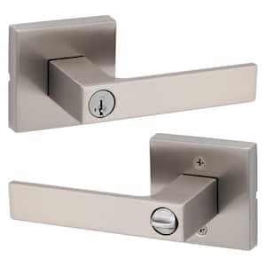 Singapore Square Satin Nickel Keyed Entry Door Handle with Microban Featuring SmartKey Security