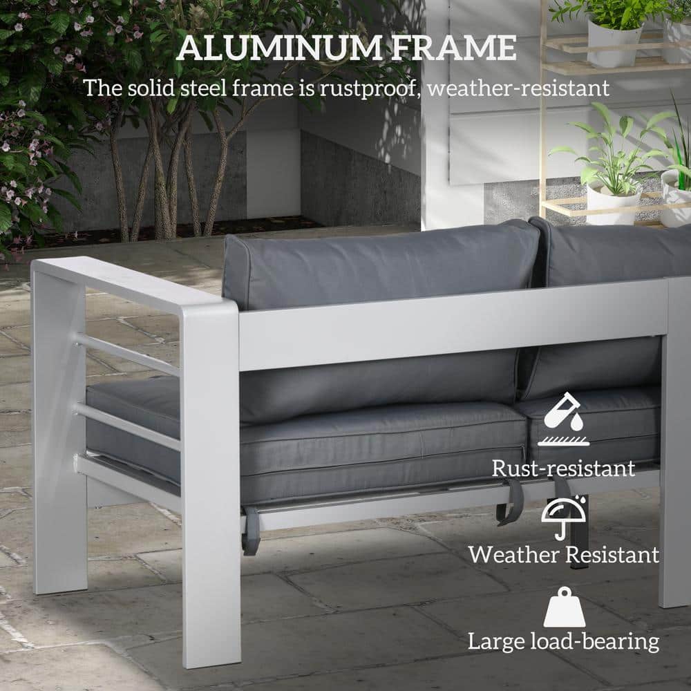Gray Aluminum Outdoor Sofa with Cushions and Wide Armrests