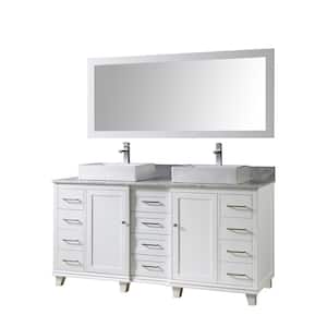 Ultimate Classic 72 in. Vanity in White With Marble Vanity Top in Carrara White with White Vessel Sinks and Mirror