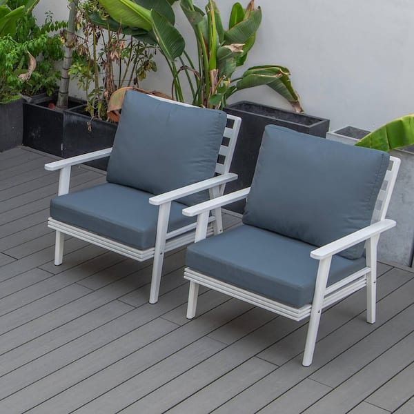 Leisuremod Walbrooke Modern White Aluminum Outdoor Arm Chair w/ Powder Coated Frame & Removable Cushions in. Navy Blue (Set of 2)