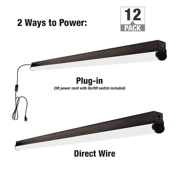 Commercial Electric 12-Pack 4 ft. Garage LED Linkable Matte Black Strip Light Fixture Plug-in or Hardwire 3600LM 40W Bright White 4000K