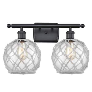 Farmhouse Rope 16 in. 2-Light Matte Black Vanity Light with Clear Glass with White Rope Glass and Rope Shade