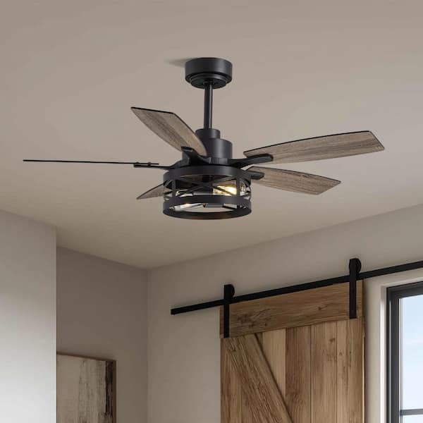 42 in. Farmhouse Black Flush Mount Low Profile Ceiling Fans with Lights with Remote Control for Indoor