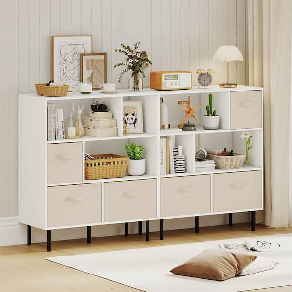 41.5 in. Tall White Engineered Wood 3-Shelf Accent Bookcase with 3-Removable Folding Fabric Drawers Metal Legs