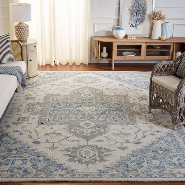 Micro-Loop Ivory/Navy 9 ft. x 12 ft. Border Area Rug