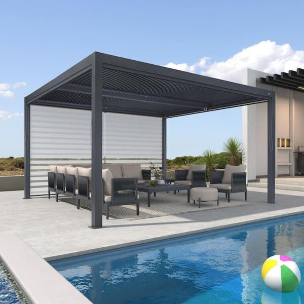 12 ft. x 14 ft. Gray Aluminum Frame Louvered Pergola with Adjustable Sunshade Roofs and 1-Long Side Roller Shades