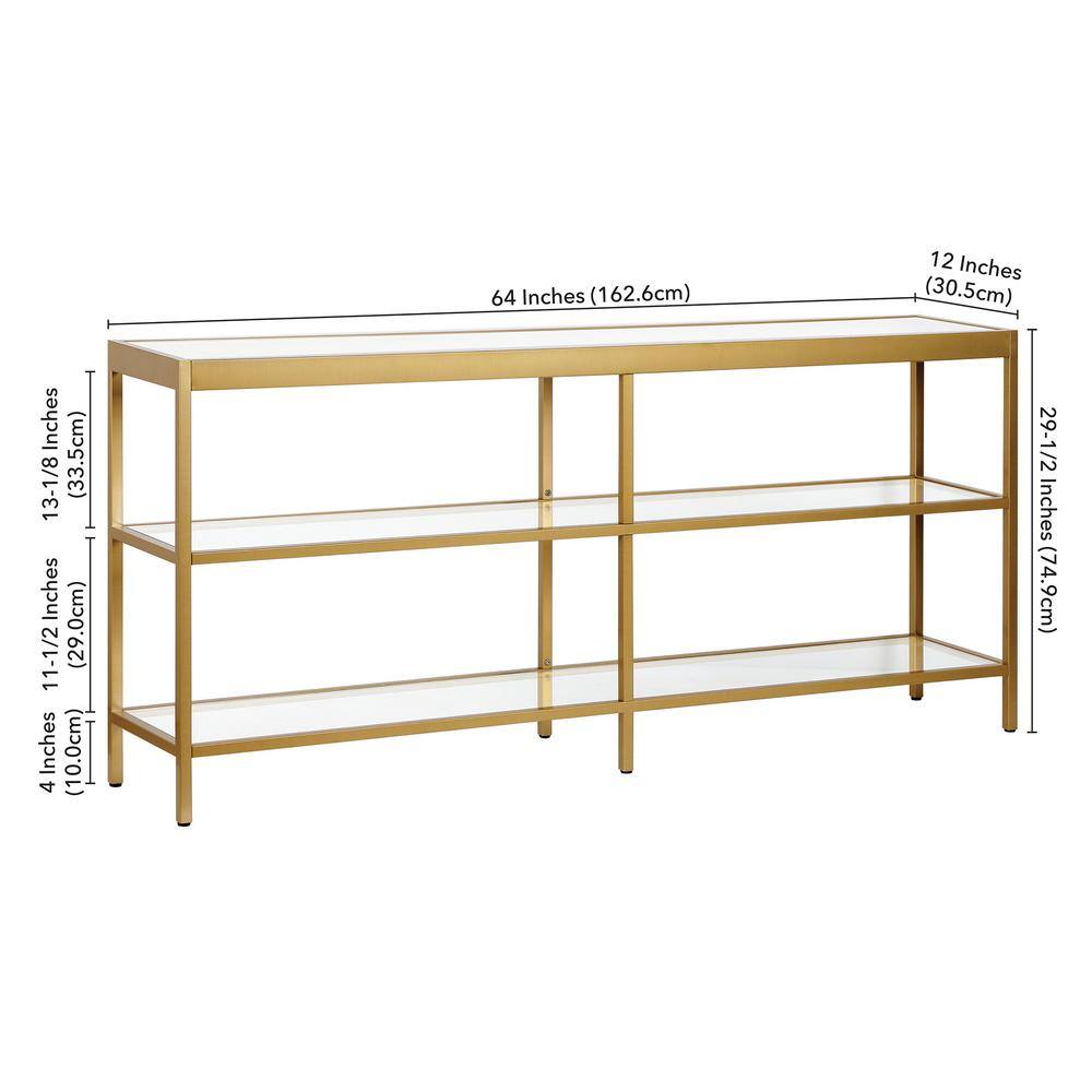 Evelyn & Zoe 64" Brass-Tempered Glass Console Table with Storage