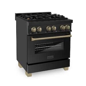 Autograph Edition 30 in. 4 Burner Dual Fuel Range in Black Stainless Steel and Champagne Bronze