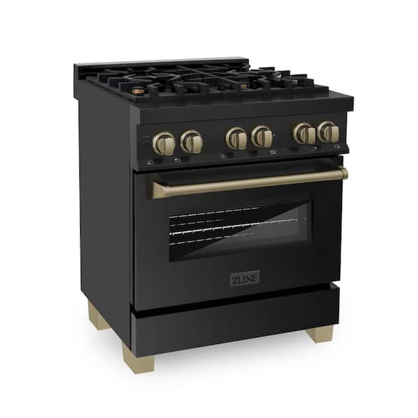 ZLINE Kitchen and Bath Autograph Edition 30 in. 4 Burner Dual Fuel Range in Black Stainless Steel and Champagne Bronze
