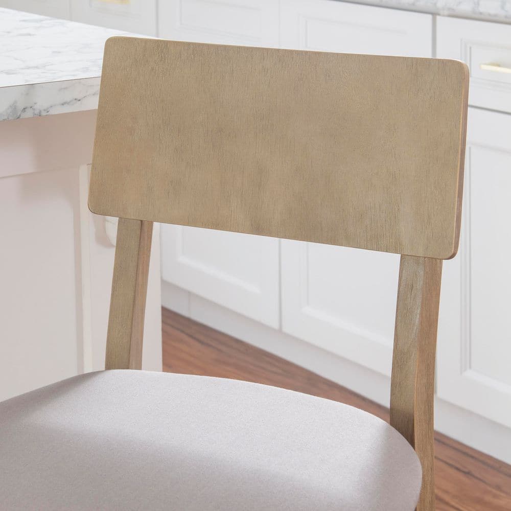 Rustic Gray Wash 46" Acacia Wood Bar Stool with Light Gray Linen Cushion