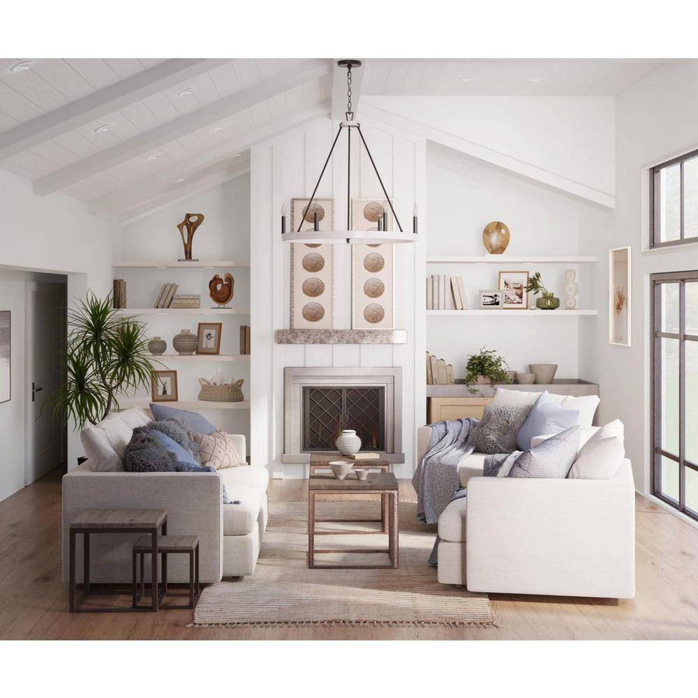 Distressed White and Matte Black 6-Light Wagon Wheel Chandelier