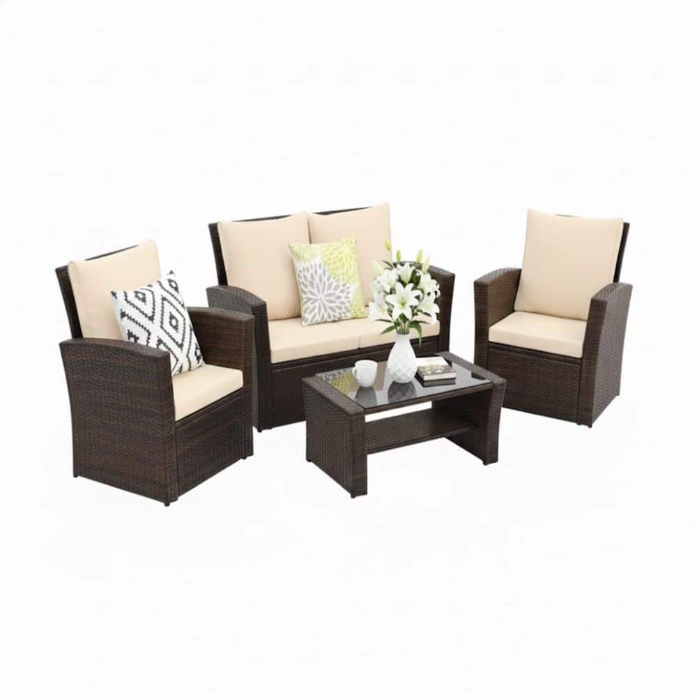 4-Piece Brown Wicker Patio Conversation Set with Glass Table and Beige Cushions, Outdoor Patio Furniture Set price history on PriceWatchPro