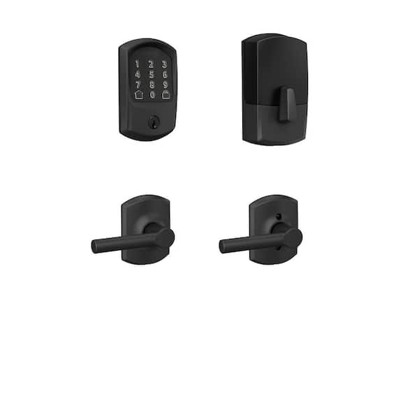 Schlage Greenwich Matte Black Encode Smart Wi-Fi Deadbolt with Alarm and Broadway Passage Hall/Closet Handle with Greenwich Trim