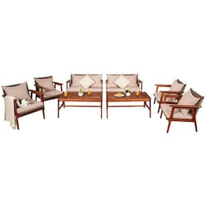 8-Piece Wood and Wicker Furniture Set with Brown Cushions