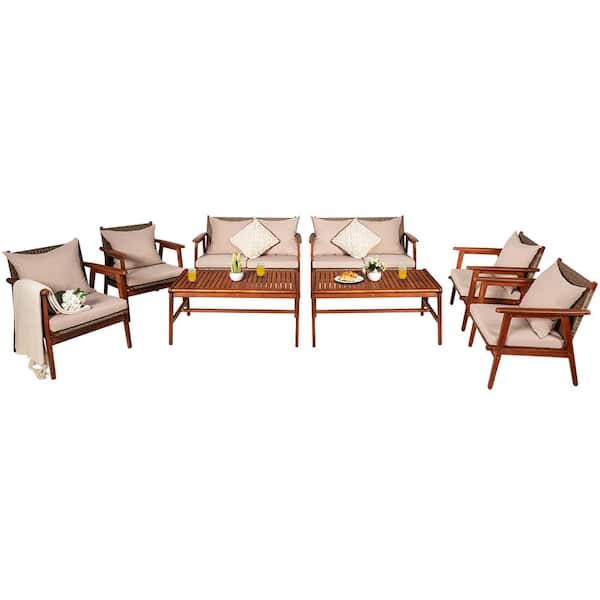 Costway 8-Piece Wood and Wicker Furniture Set with Brown Cushions