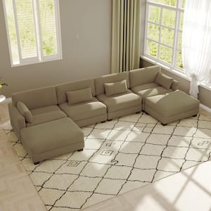 160 in. Square Arm 6-Piece Corduroy Upholstered U-Shaped Sectional Sofa in Camel