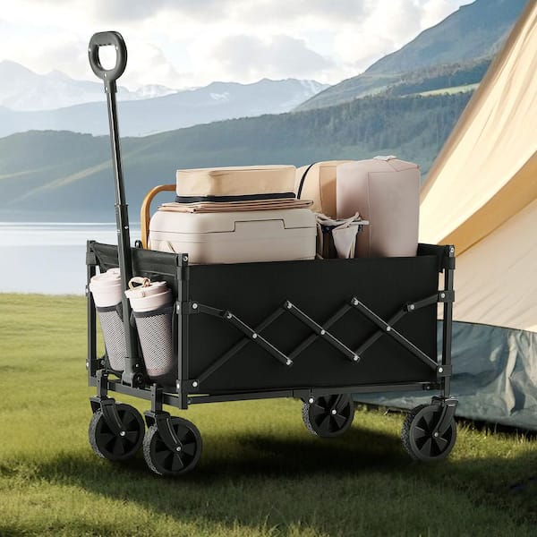 Collapsible Wagon Carts, 120L & 225LBS. Folding Wagons with All-Terrain Wheels, Black, 1.96 cu. ft., Steel, Garden Cart