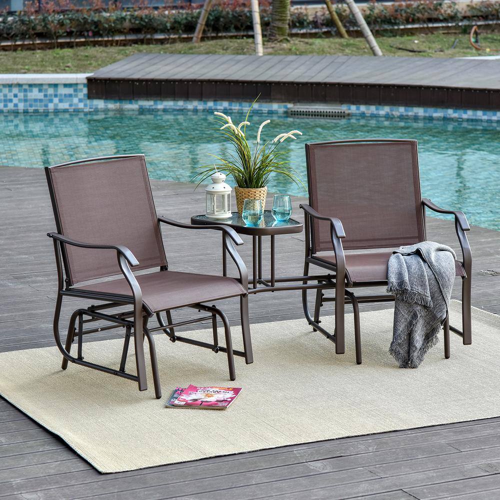 Brown Steel Double Glider Chairs with Center Table