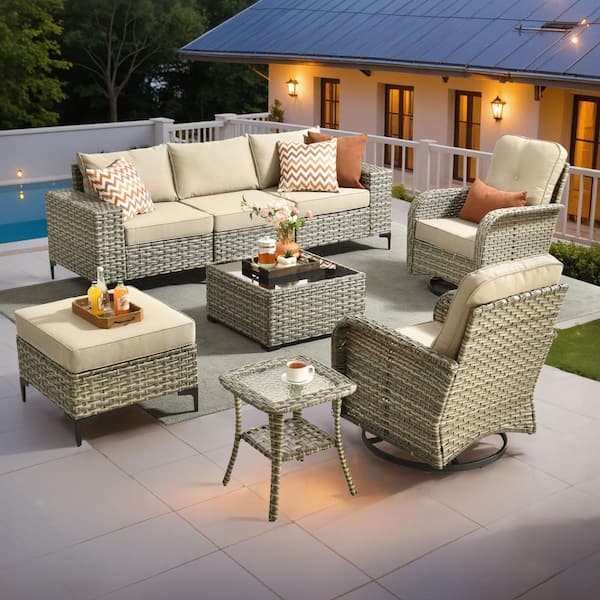 Pansy 8-Piece Outdoor Wicker Patio Conversation Set with Swivel Rocking Chairs and Beige Cushions