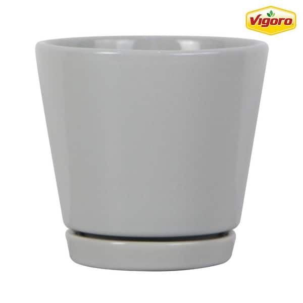 Vigoro 4.4 in. Piedmont Small Gray Ceramic Planter (4.4 in. D x 4.2 in. H) with Drainage Hole and Attached Saucer