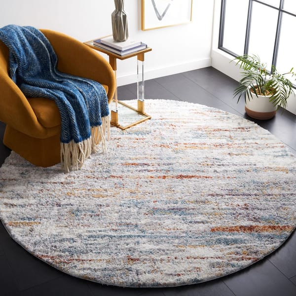 Berber Shag 5 ft. x 5 ft. Blue Rust/Ivory Marle Striped Round Area Rug