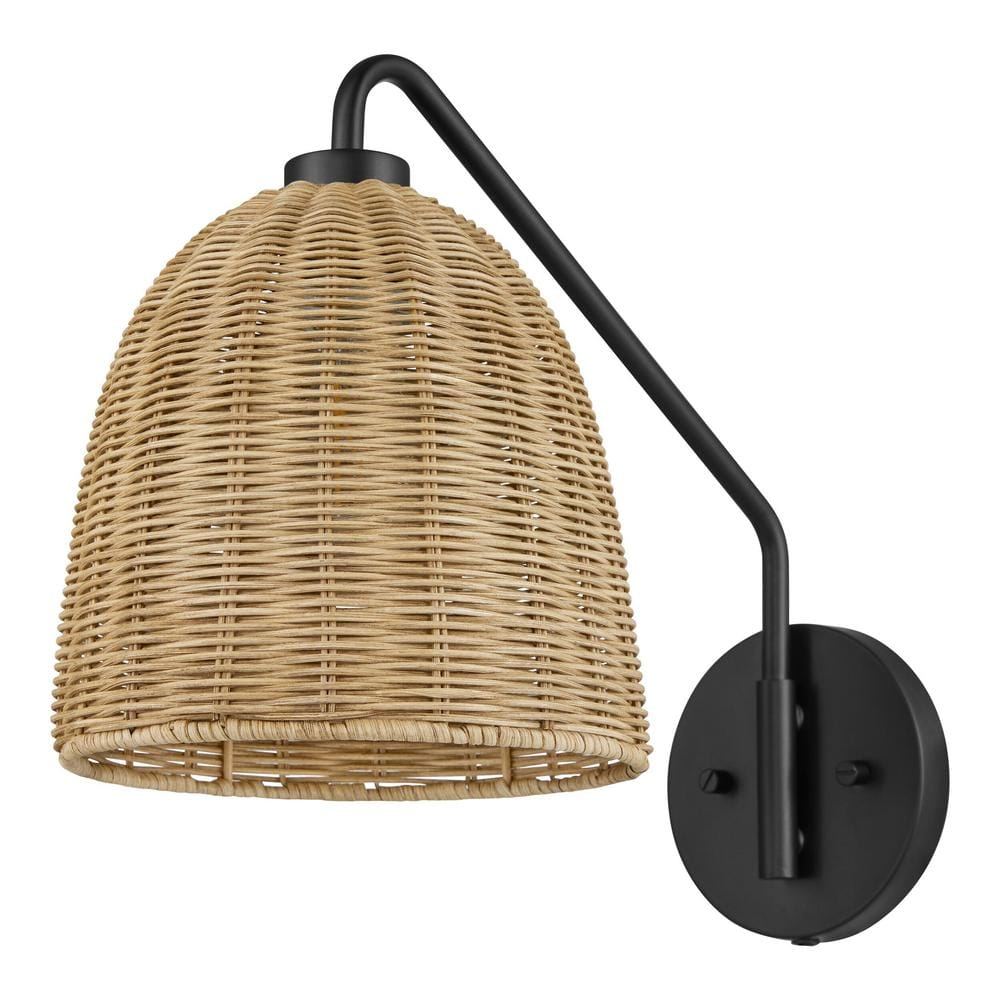 Hampton Bay Highler 1-Light Matte Black Wall Sconce with Natural Rattan Shade