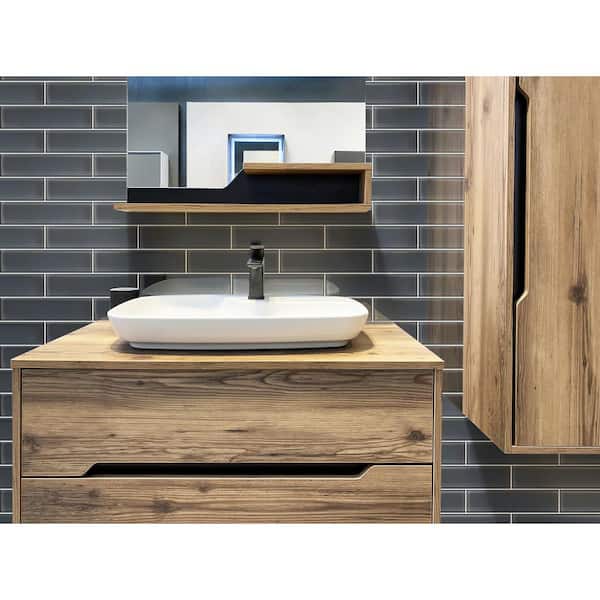 Dark Gray 3-in. x 12-in. Polished Glass Mosaic Floor and Wall Tile (5 Sq ft/case)