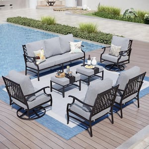 Black Meshed 9-Seat 7-Piece Metal Outdoor Patio Conversation Set with Gray Cushions, 2 Swivel Chairs and 2 Ottomans