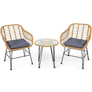 3-Piece Wicker Rattan Patio Conversation Set with Gray Cushions and Tempered Glass Table Top