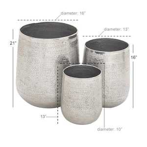 21 in., 16 in., and 13 in. Large Silver Aluminum Indoor Outdoor Planter with Hammered Design (3- Pack)