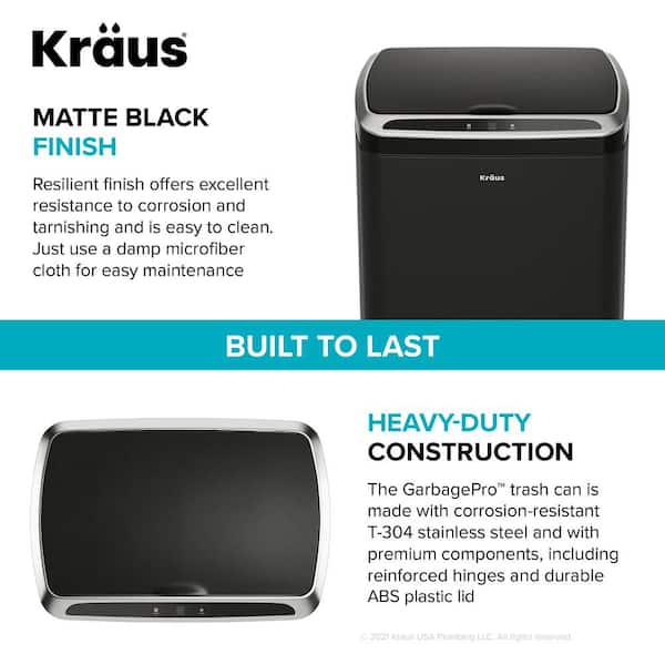 Kraus 13 Gal GarbagePro Rectangular Touchless Motion Sensor Trash Can with SoftShut Lid, Matte Black Finish | KTCS-10MB