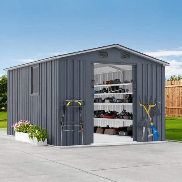 Unbranded Dark Gray 8 ft. W x 10 ft. D Metal Outdoor Storage Shed with Window and Lockable Doors